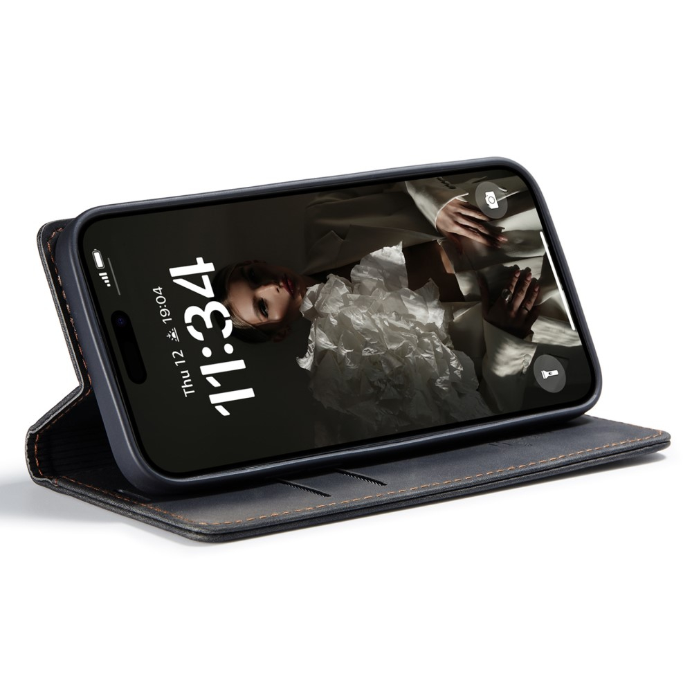 iPhone 16 Leder Tasche Flip Wallet Etui mit Kartenfächern - Schwarz
