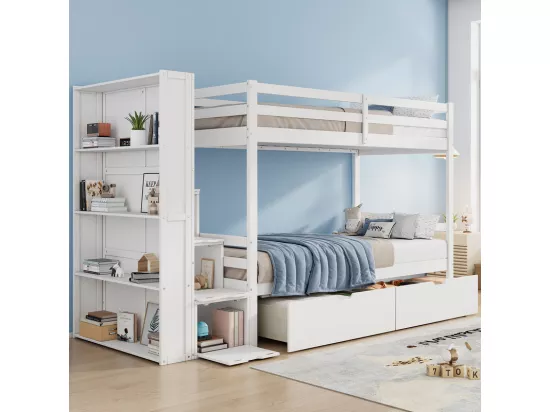 Lits superposés avec 2 tiroirs, étagère de rangement et escaliers de rangement - 2 x 90 x 200 cm - Pin + MDF - Blanc