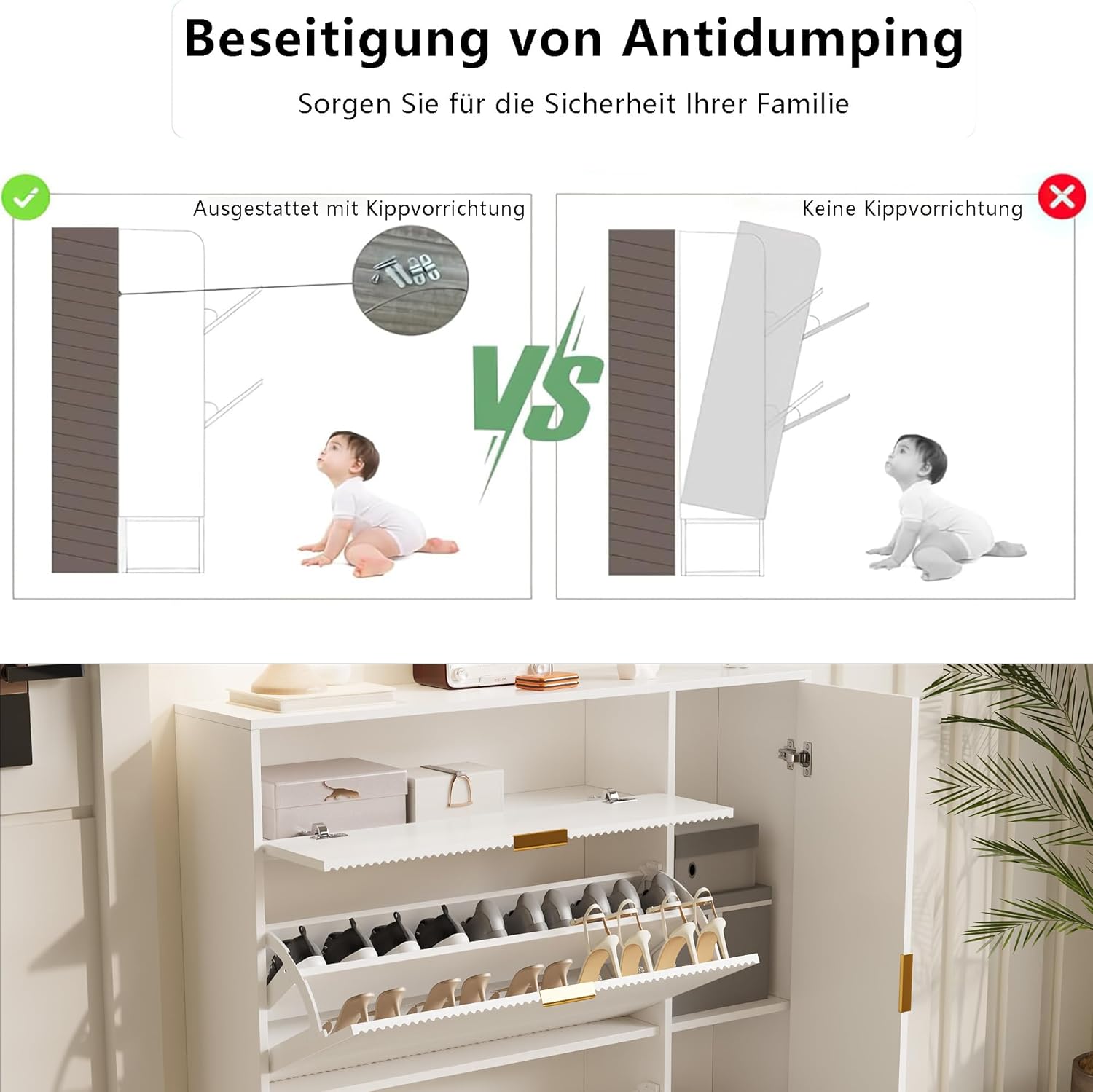 Schuhschrank mit 3 Klappen und 1 Türen,Schuhregal, Shoe Cabinet weiß, Schuhkipper mit 6 Fächern, schuhschränke für Flur oder Eingangsbereich, platzsparend, 110 x 24 x 120 cm (3 Klappen und 1 Tür)