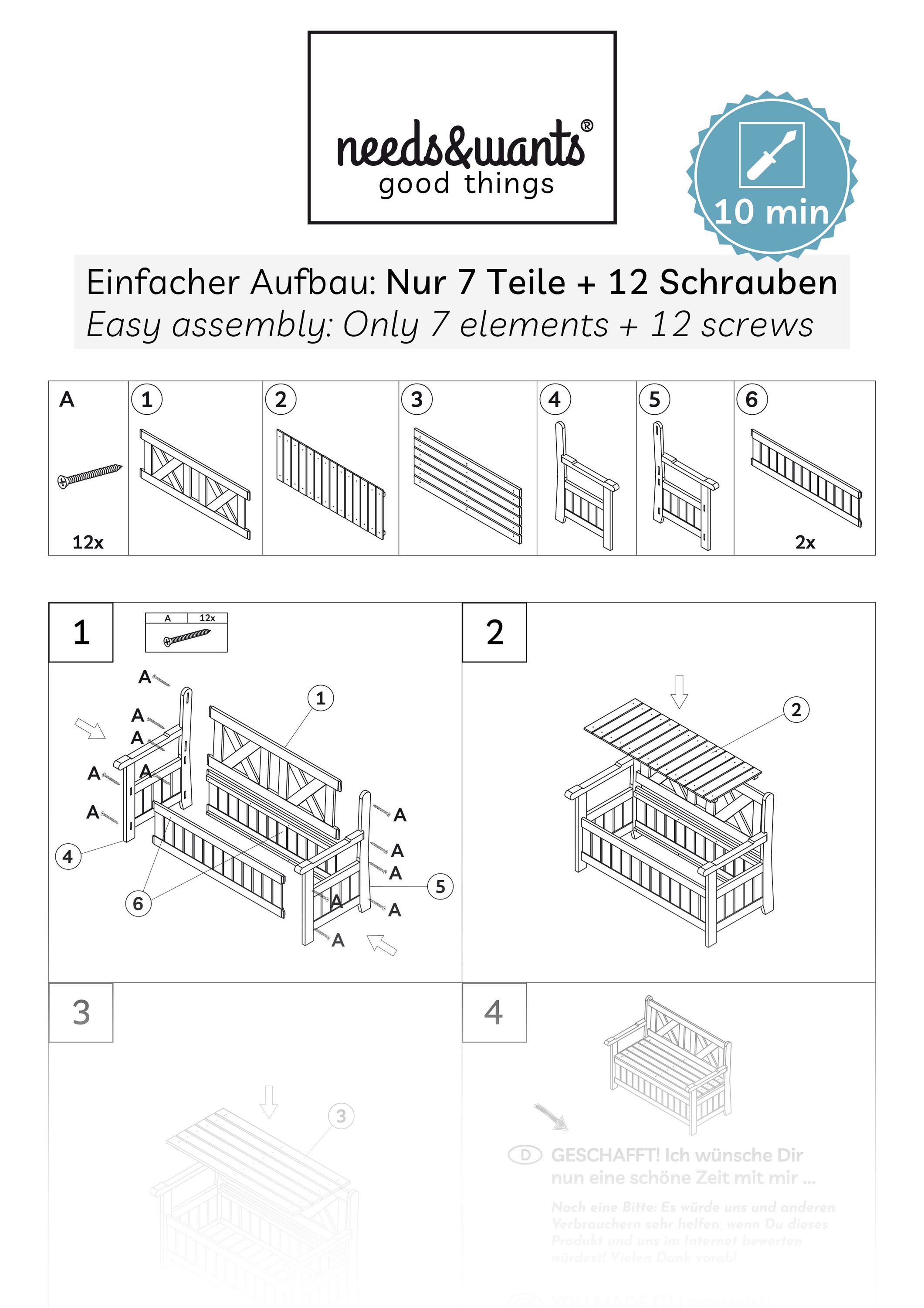 needs&wants® Gartenbank Holz wetterfest mit Stauraum und Abdeckung, 2-Sitzer Truhenbank Holzbank klassisch, Parkbank Sitzbank massiv Garten Outdoor mit Truhe, Naturholz Massivholz, weiß