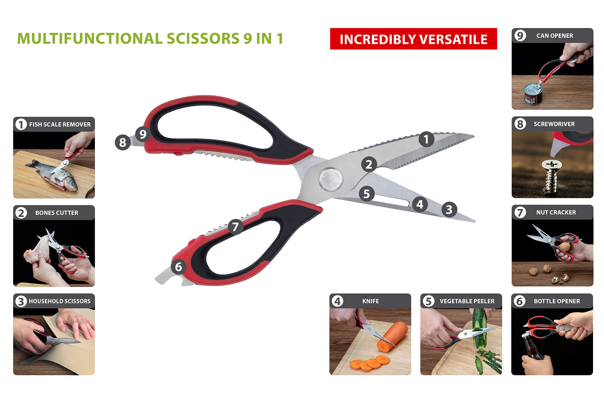 Atlas 9in1 Edelstahl Multifunktionale Küchenschere für Fisch / Fleisch / Dosen / Flaschen / Nüsse / Gemüse / Haushalt (95325)