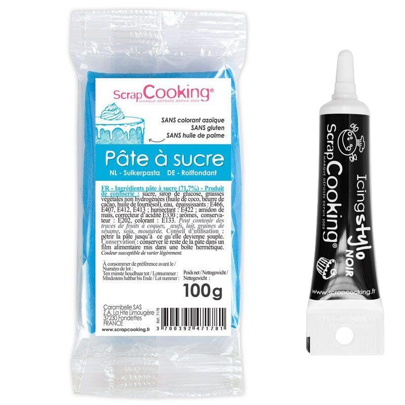 Pâte à sucre bleue 100 g + Stylo de glaçage noir Scrapcooking