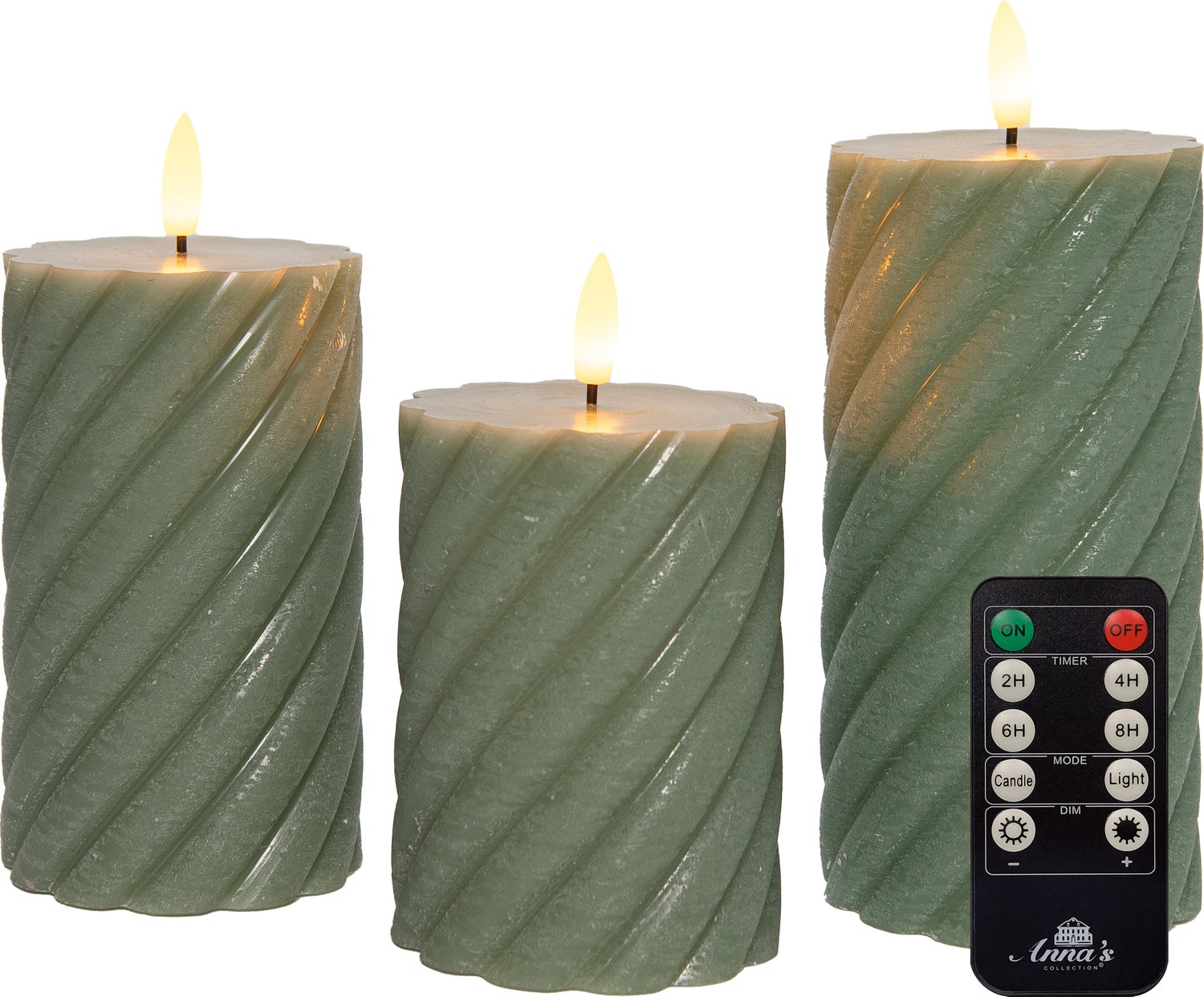 Anna's Collection LED stompkaars Swirl met timer groen D 7,5 H 10 / 12,5 / 15 cm 3 stuks