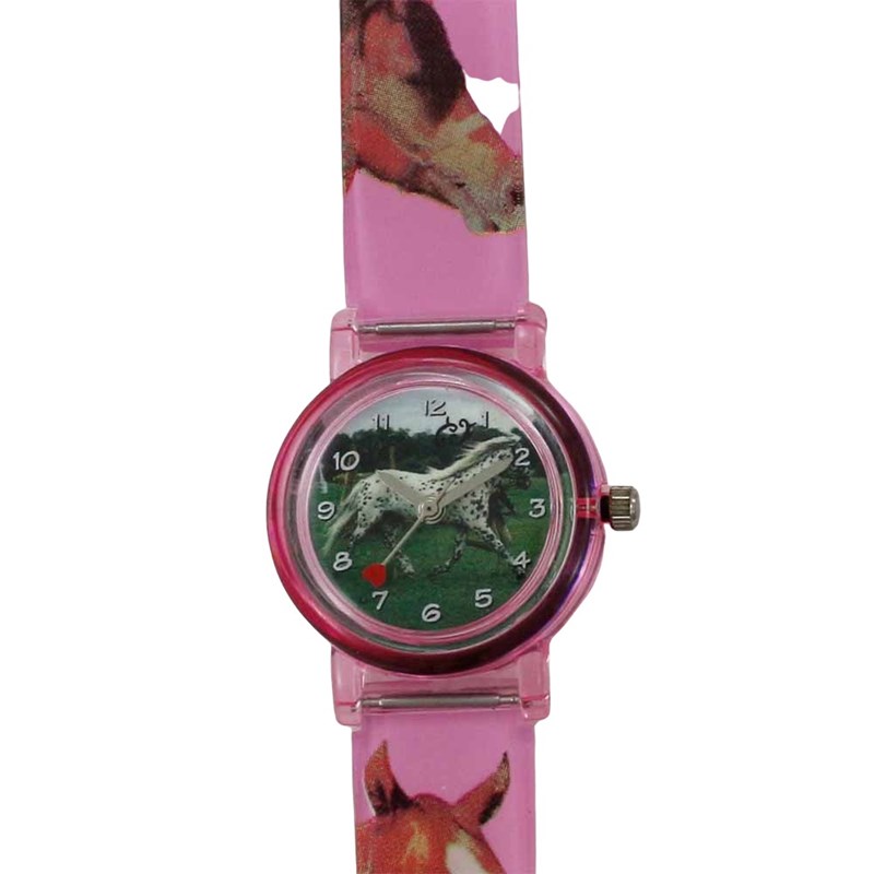 Montre trotteuse rose coeur et cheval au galop