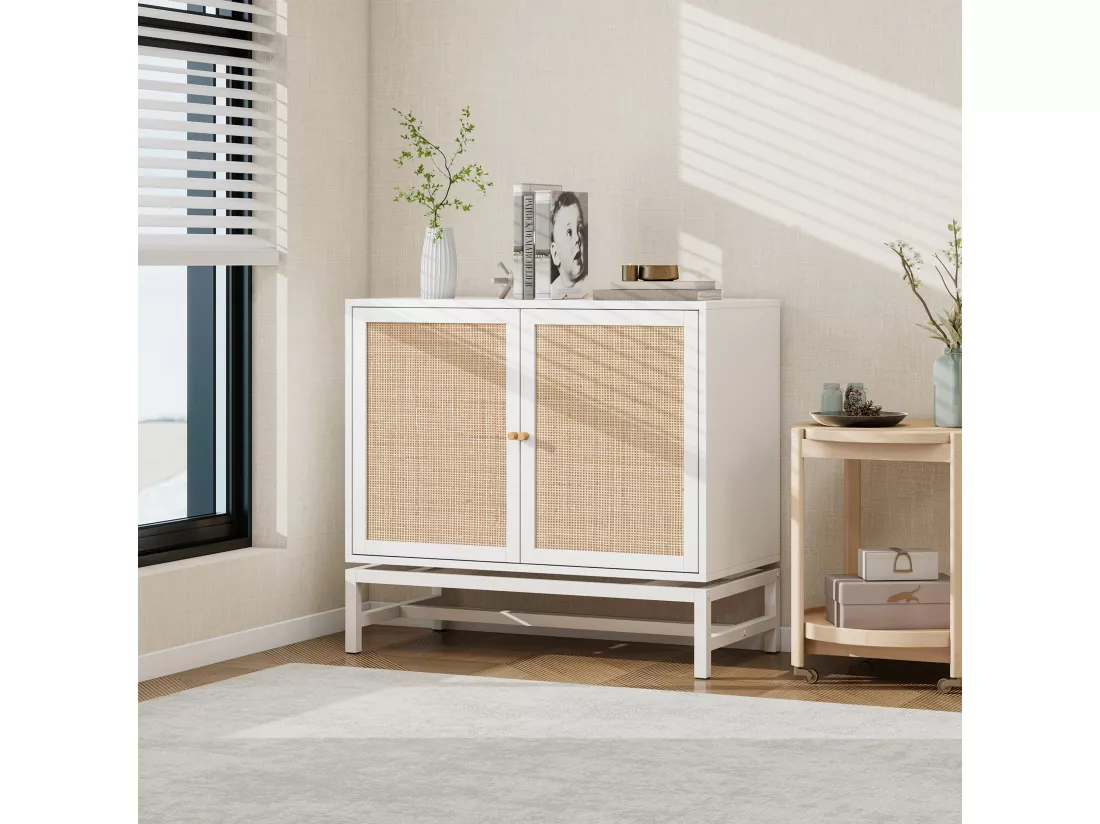 Armoire Murale avec Éléments en Rotin Naturel, Portes Doubles, Design Suspendu et Base Métallique, Rangement Flexible
