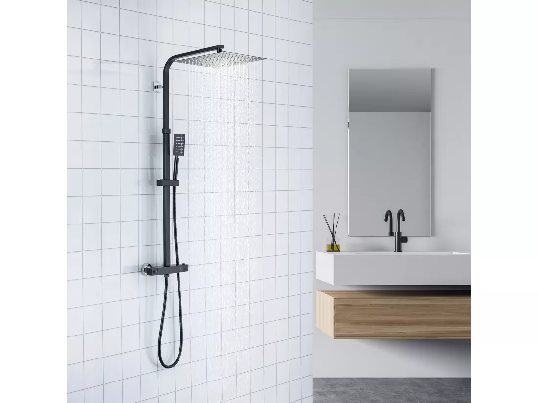 Colonne de Douche Thermostatique,Réglable Hauteur 30x30CM Pommeau de Douche,Colonne Douche Noir Acier Inoxydable,Mitigeur Thermostatique Salle Bain