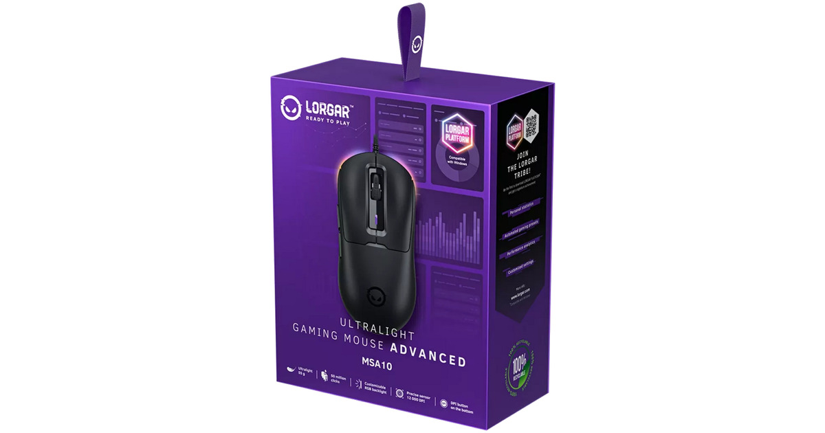 LORGARMSA10 gaming muis  (Zwart, 100 - 12000 dpi, Ultralight, RGB)