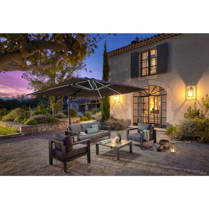 Parasol déporté rectangulaire MELHIA Anthracite avec LED