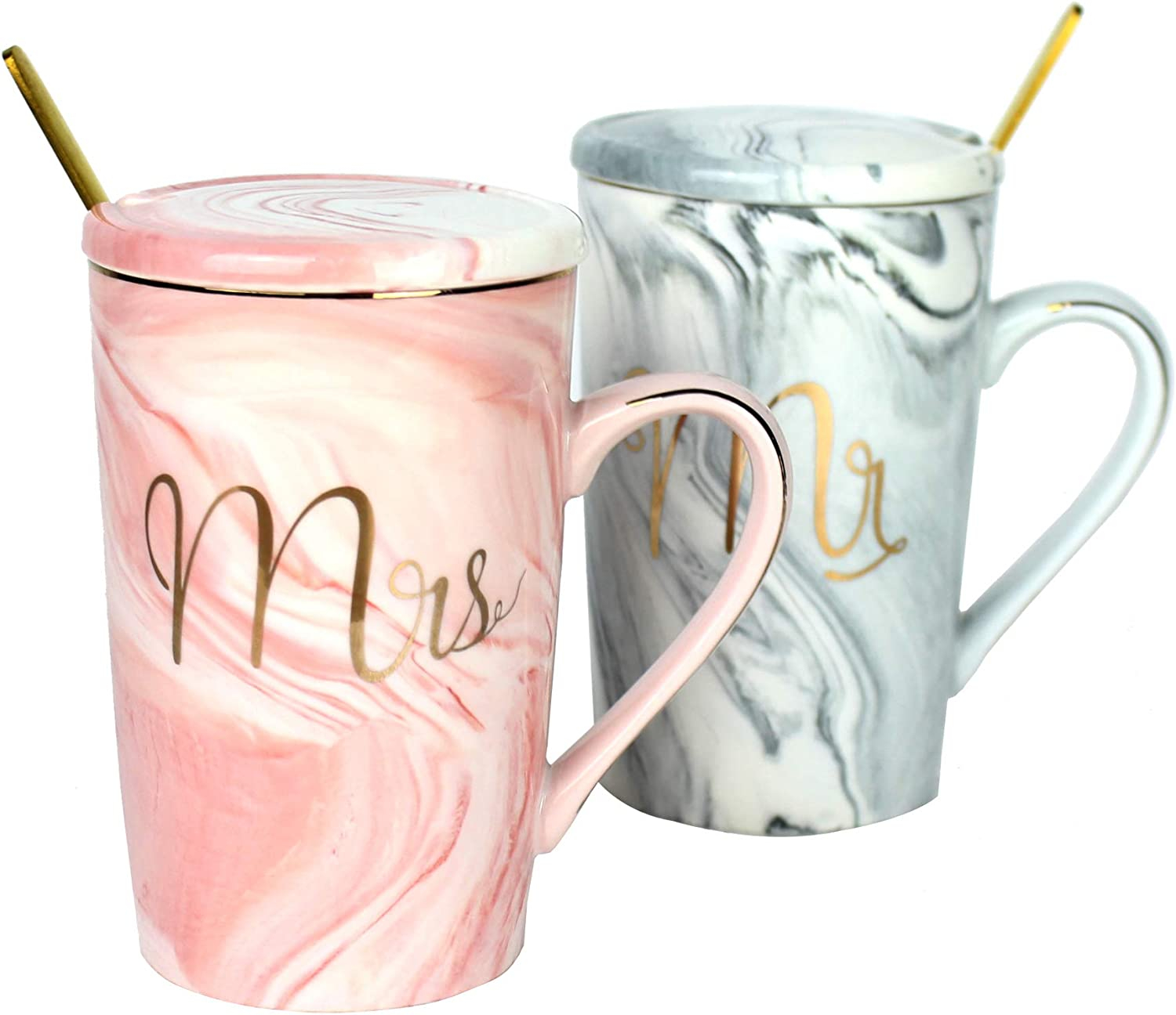 (6-tlg. Set) 400ml Keramik Kaffee Tasse Hochzeits Geschenk Couple Cups inkl. Deckel   Löffel - Mr & Mrs