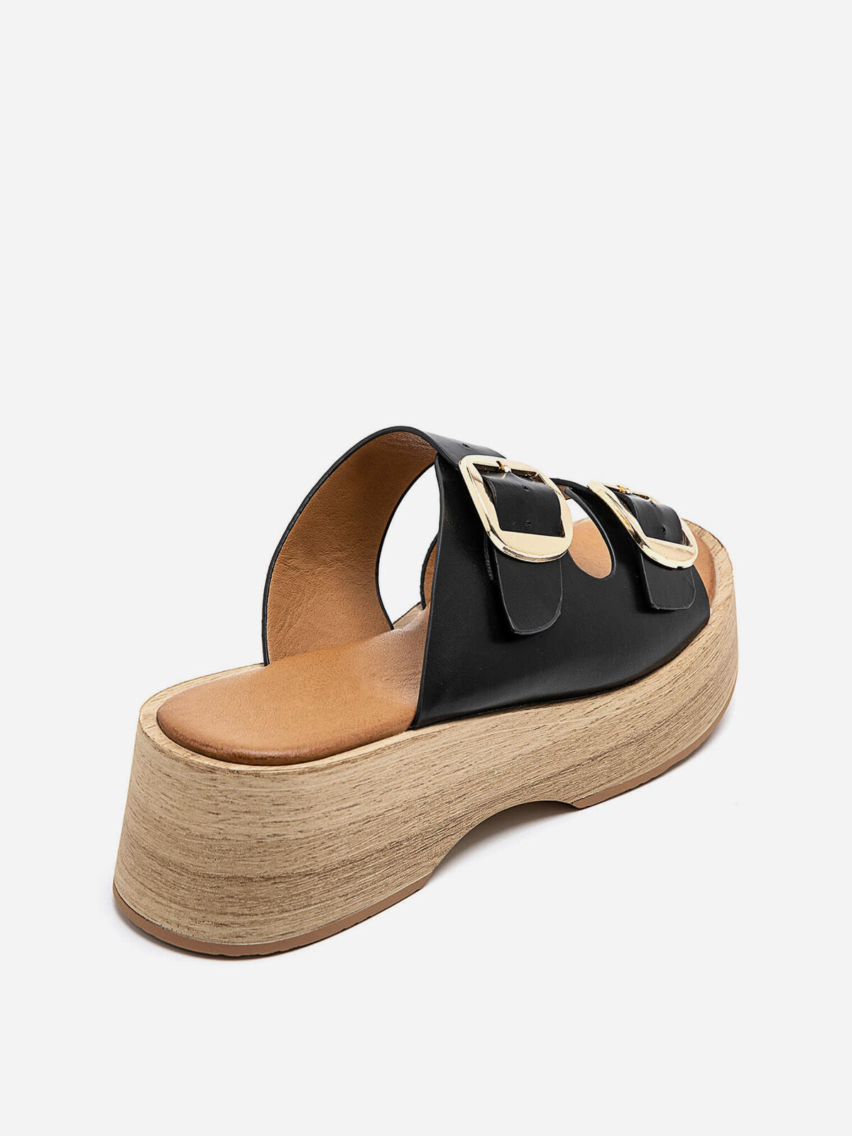Mules à brides et plateforme en bois- Noir