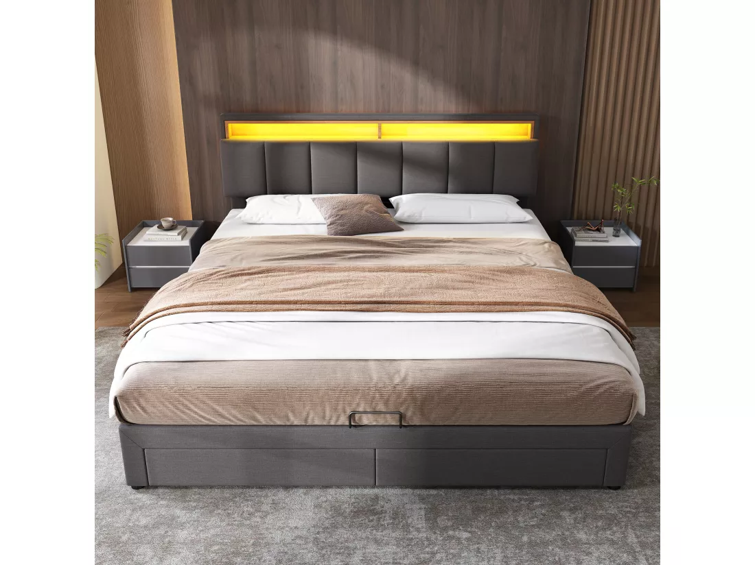 Lit coffre avec 2 tiroirs et tête de lit escamotable - 160 x 200 cm - LEDs - Acier et lin - pour audulte - Gris