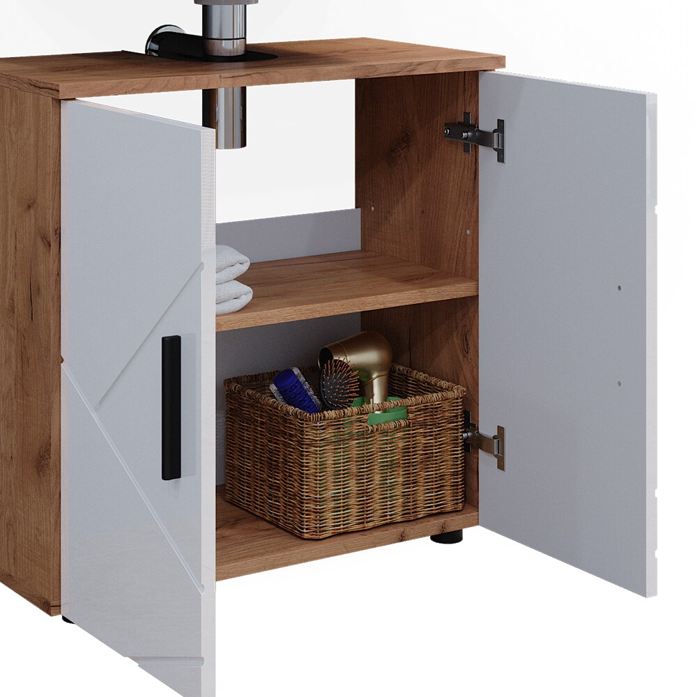 Vicco Badmöbelset Irma Eiche Weiß Hochglanz modern Badezimmerschrank Badschrank Badezimmermöbel Waschtischunterschrank Spiegelschrank Hochschrank Kommode Schranktür Schrankfach