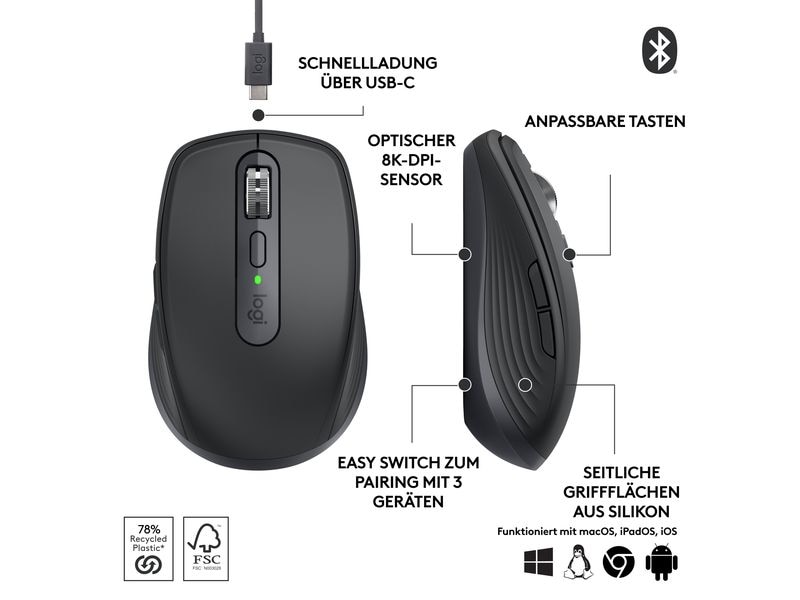 Logitech Mobile Maus MX Anywhere 3s for Business Graphite Kompakte kabellose Performance-Maus mit 8K DPI-Sensor