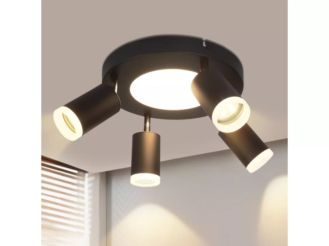 NETTLIFE Spot de plafond 4 ampoules GU10 20W chambre 3000k noir Pivotant Pivotant en métal à 350°