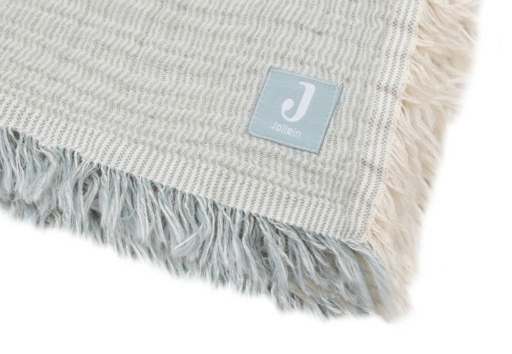 hydrofiele ledikantdeken Fringe Stripe - Sea Green/Ivory
