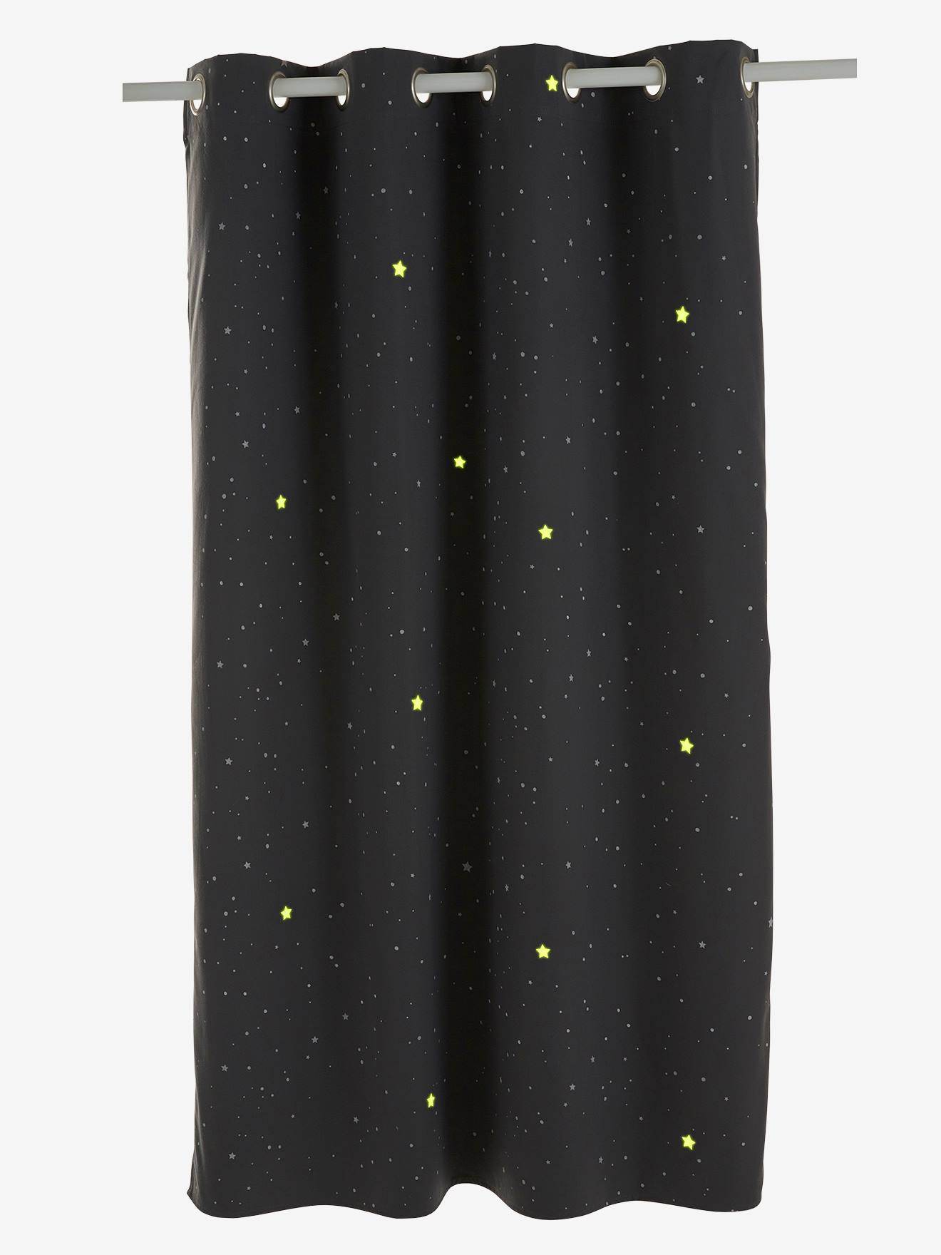 Cortina blackout com detalhes fluorescentes. Estampa de estrelas em cinza escuro.