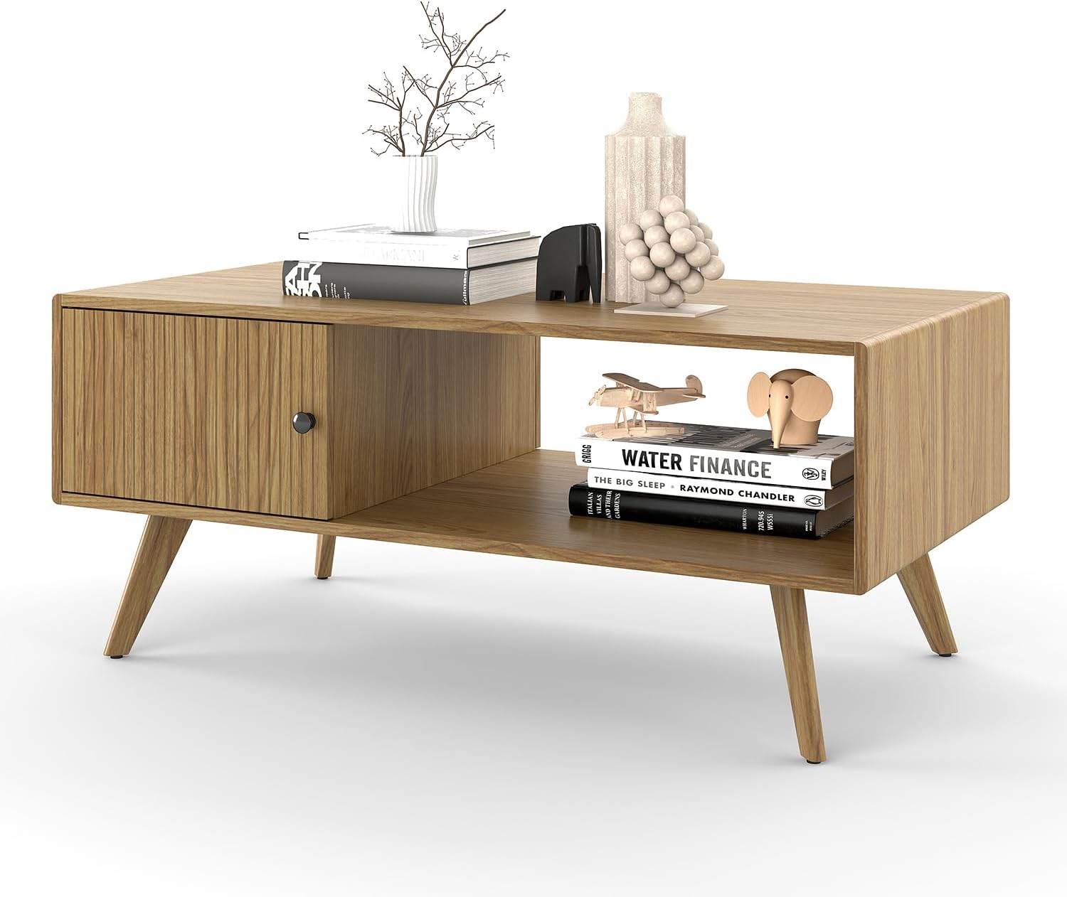 Manora Couchtisch Holz Eiche - Moderner Wohnzimmertisch Holz mit Stauraum, 105x55x45cm, Stabiler E1-Platte & Massiv Holzfüßen, Landhausstil Couchtisch für Wohnzimmer