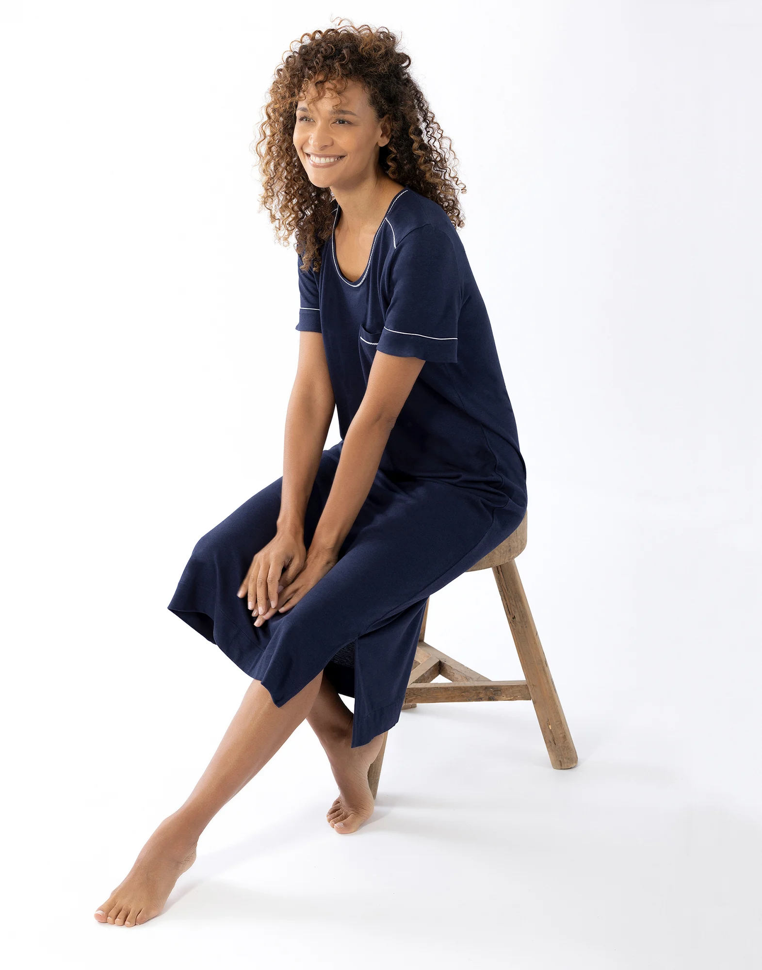 INTEMP A11 - Chemise de nuit manches courtes en coton modal | Bleu