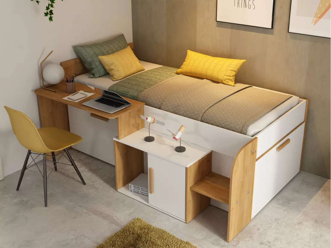 Lit combiné 90 x 200 cm avec bureau et rangements - Coloris : Blanc et naturel + Sommier - PEDRO