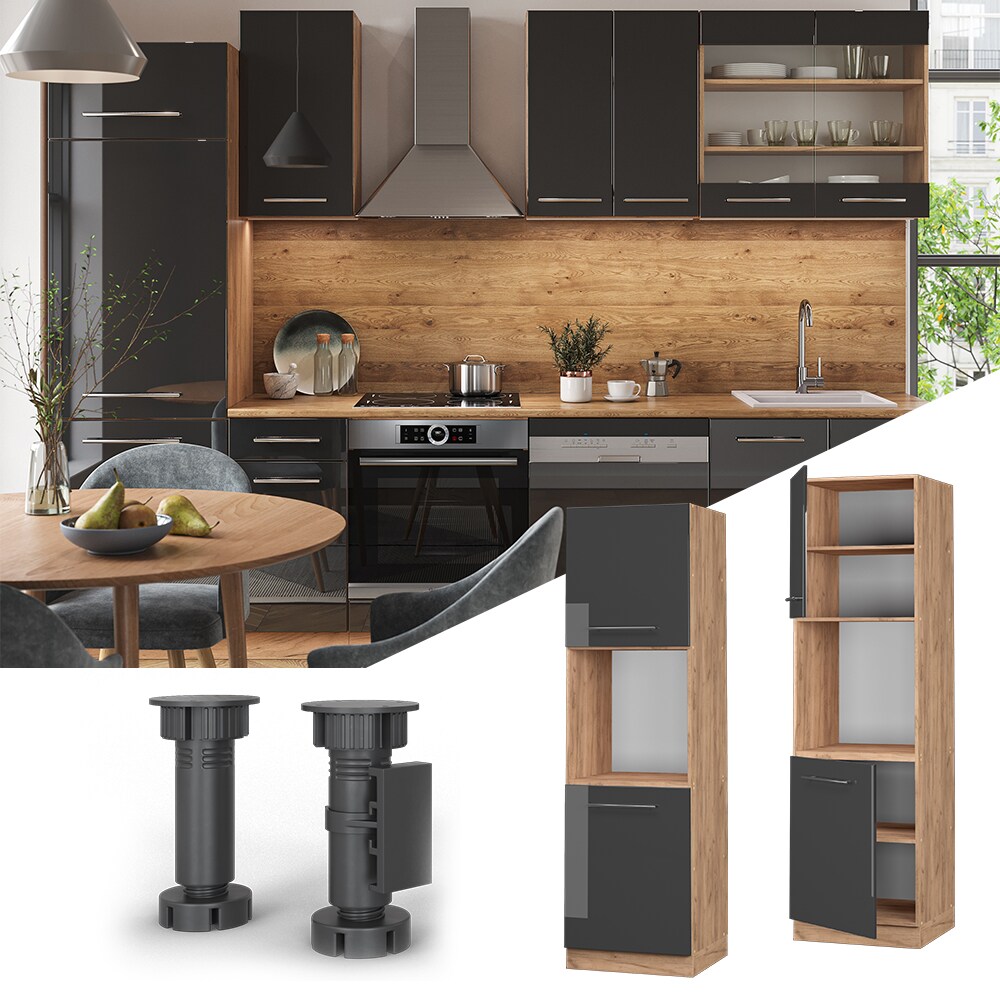 Vicco Herdumbauschrank Küchenschrank Küchenmöbel Fame-Line Eiche Anthrazit 60 cm modern Hochglanz Küche Einbauküche Blende Herdschrank Hochschrank Küchenzeile Drehtür Einlegeboden