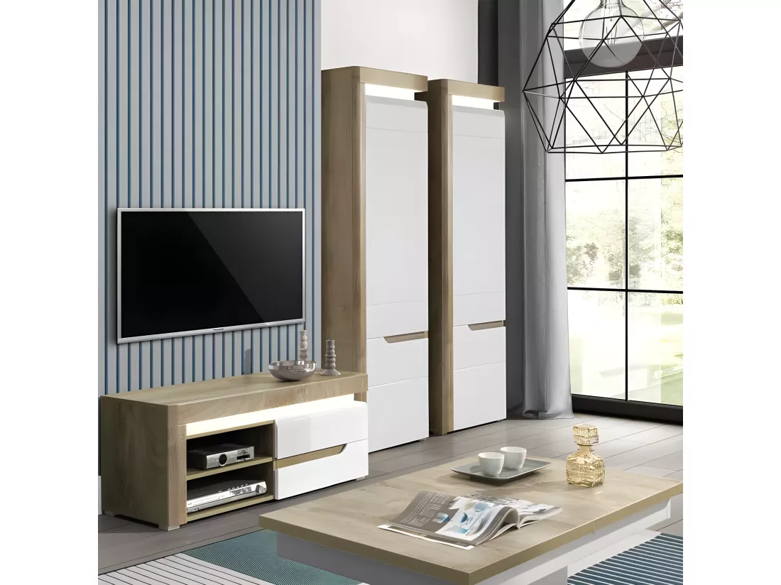 Armoire 2 portes Blanc/Chêne à LED - KIELE - L 60 x l 39 x H 195.5 cm