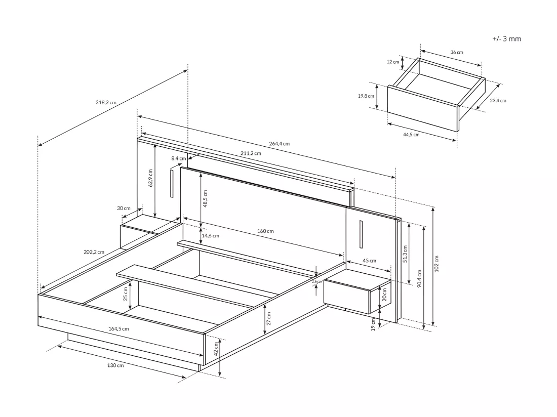 Lit avec chevets 160 x 200 cm - 2 tiroirs - Avec LEDs - Coloris : Naturel et anthracite + Sommier + Matelas - FRANCOLI
