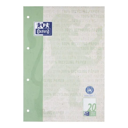 Oxford Recycling Schulblock A4, kopfgeleimt, 50 Blatt, Lineatur 20 (blanko), 90 g/m², 4fach gelocht, Optik Paper®
