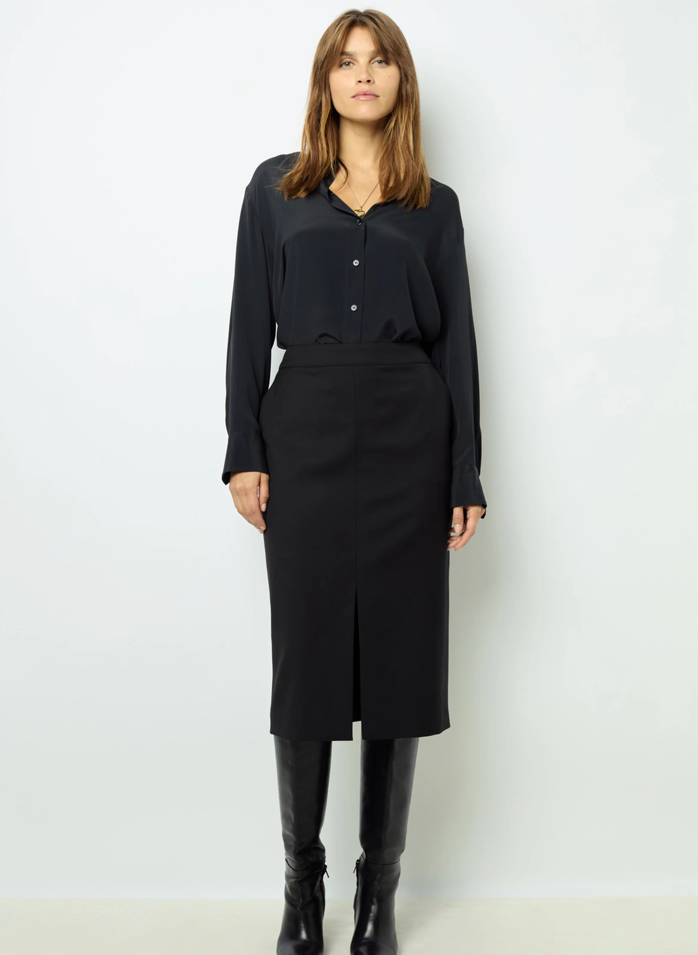 CLEA - Jupe midi crayon en laine mélangée | Noir