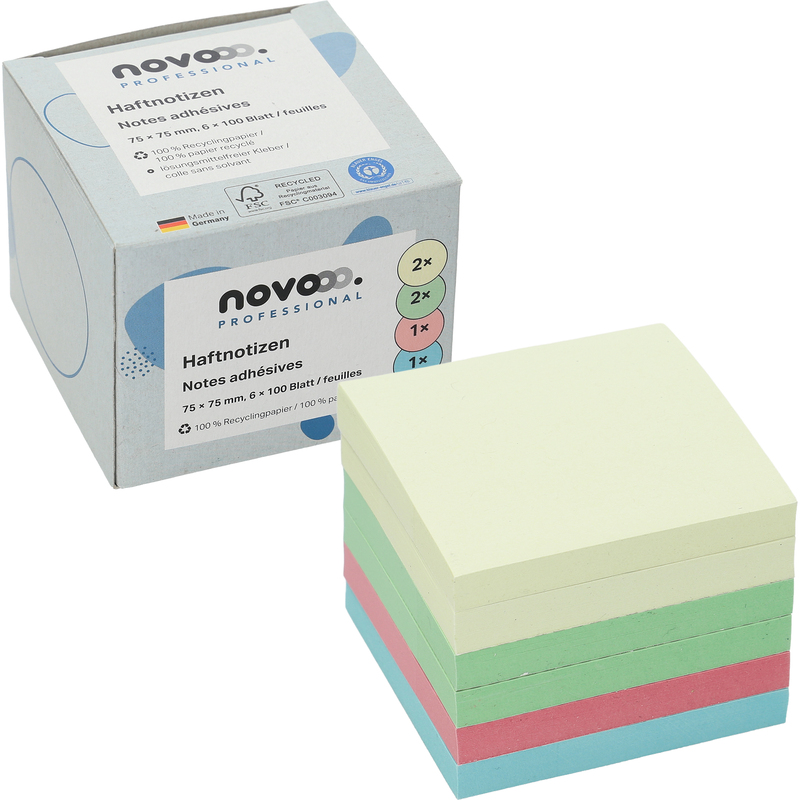 novooo Haftnotizen Professional, Recycling, 75 x 75 mm, 6 x 100 Blatt