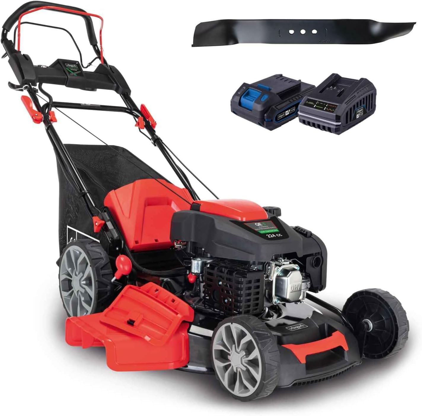 Scheppach Benzin Rasenmäher MS225-56E mit E-Start | Radantrieb | 6PS | 56 cm Schnittbreite | 7-fache Schnitthöhenverstellung | 65 Liter Fangkorb | Reinigungsfunktion | Mulchfunktion | mit Ersatzmesser