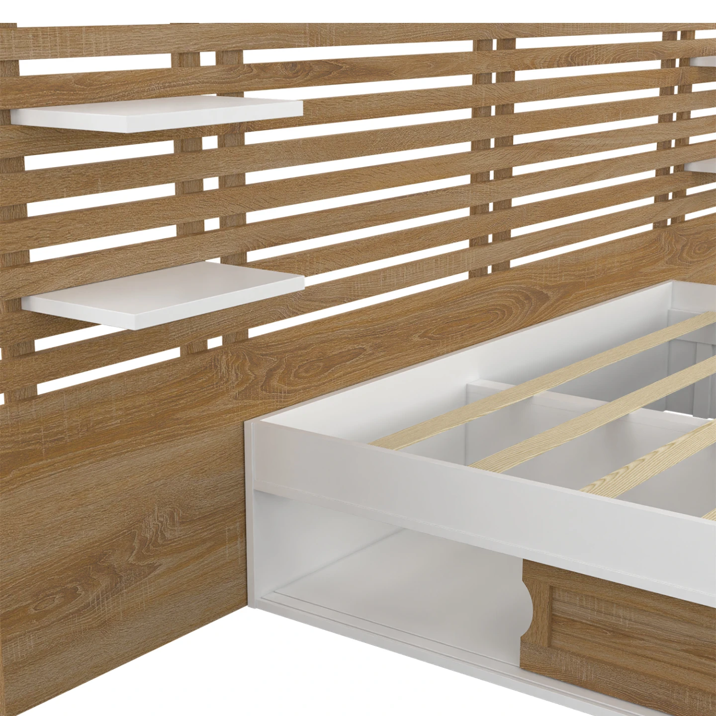 Lit double SAVANA avec tête de lit, chevets, rangements et sommier 140 x 190 cm hêtre et portes blanches