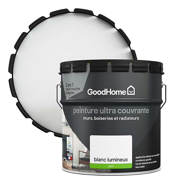 Peinture intérieure ultra couvrante murs, boiseries et radiateurs GoodHome blanc lumineux satin 10L