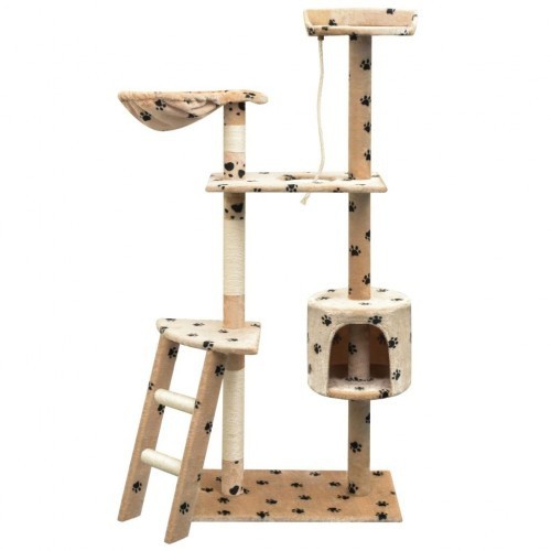 Arranhador bege para gatos com pegadas de patas.