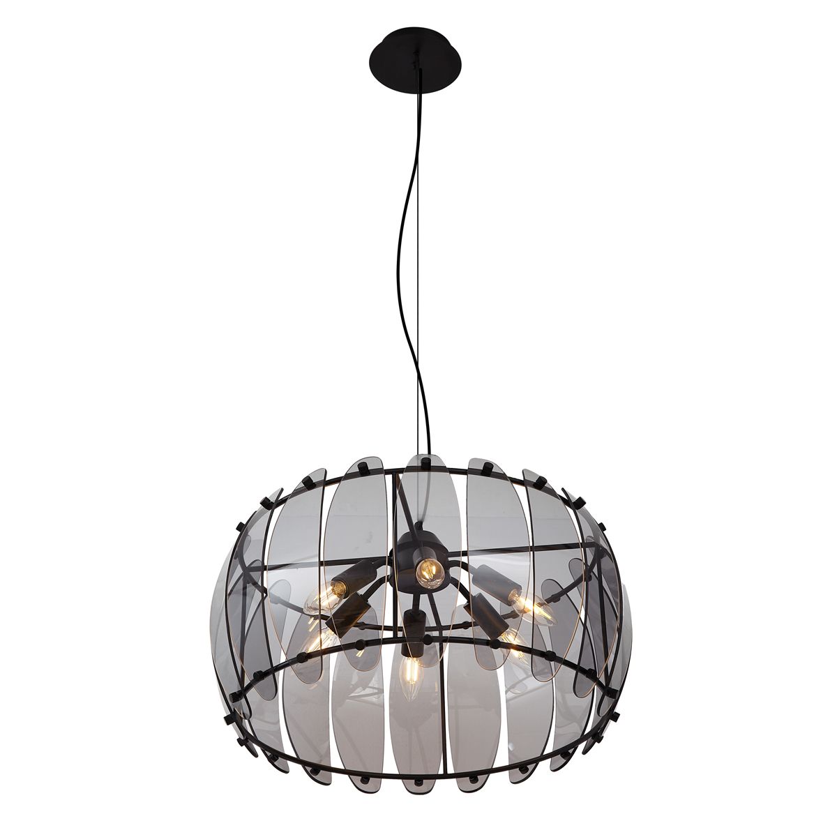 Design hanglamp zwart met smoke glas rond 6-lichts - Mochan