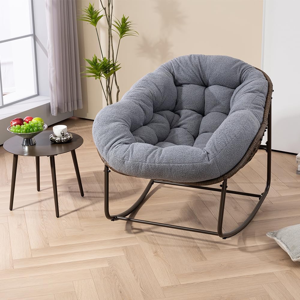 Schaukelstühle 1PCS – Moderner Außengarten-Rocker mit Dicker Polsterung, Oversized Rattan Ei-Schaukelstuhl für Balkon, Terrasse, Garten, Innen & Außenbereich, Grau