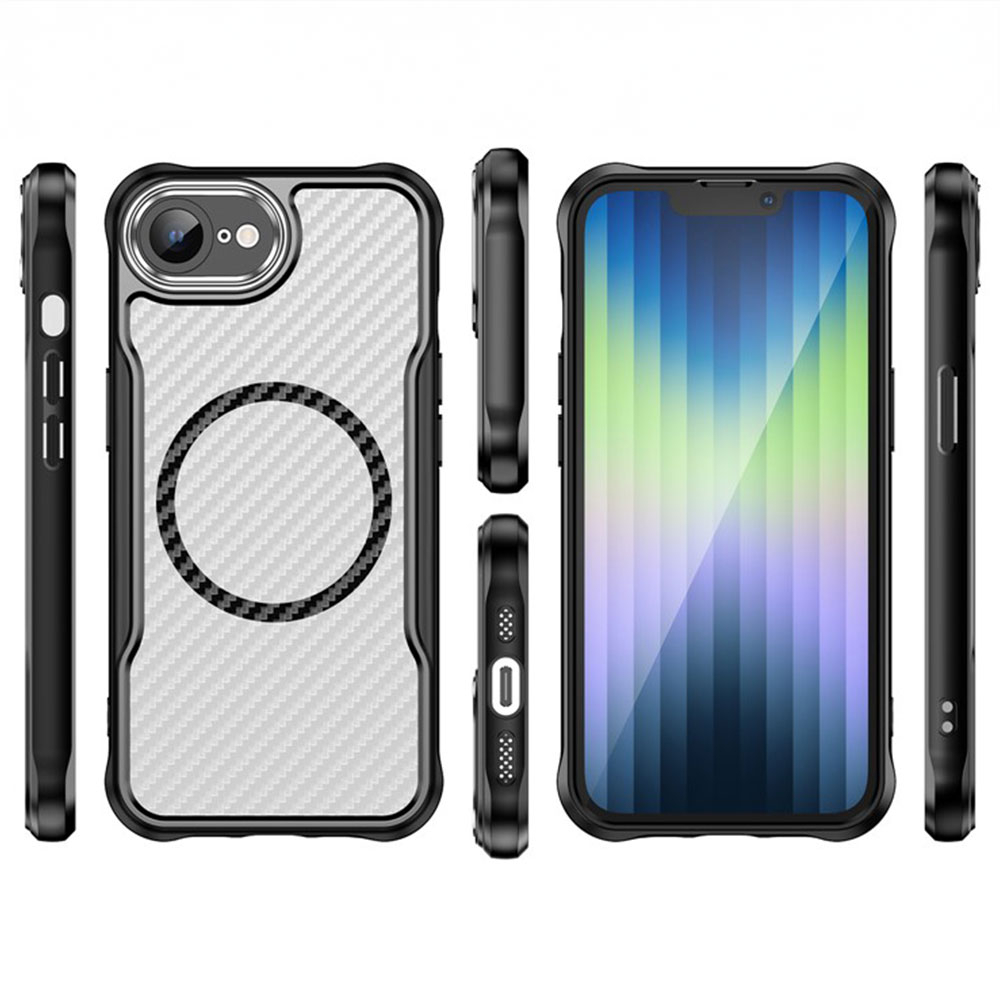 iPhone 16e MagSafe Gummi Case Schutzhülle Carbon Look Air Cushion Fallschutz mit Kameraschutz - Schwarz / Transparent