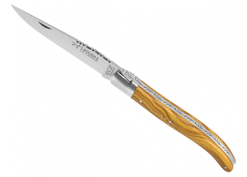 Couteau Laguiole avec un manche en bois d'olivier et 1 mitre en acier inoxydable