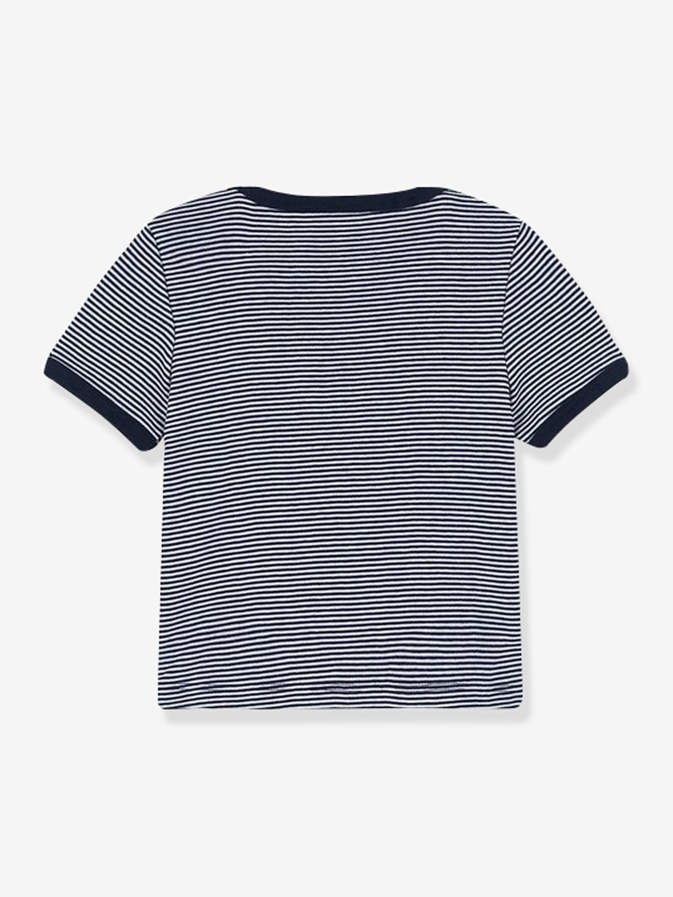 Camiseta listrada de manga curta para bebê PETIT BATEAU em algodão orgânico, listras azul-médio