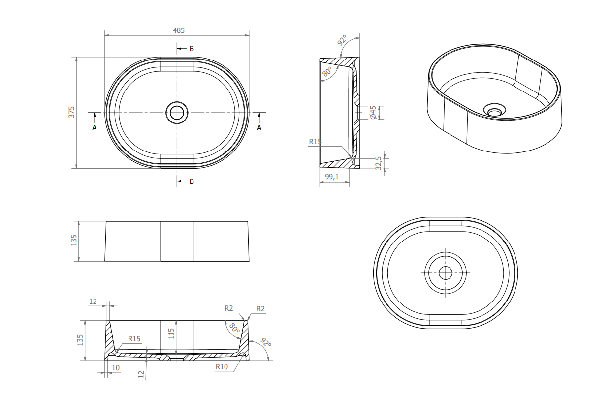 Kerra Olib wastafel 49x38x13.5cm wit