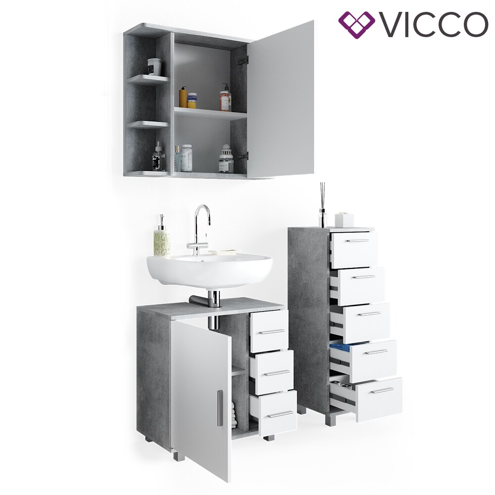 VICCO Badmöbel Set ILIAS Weiß Beton Bad Spiegel Kommode Unterschrank Badschrank
