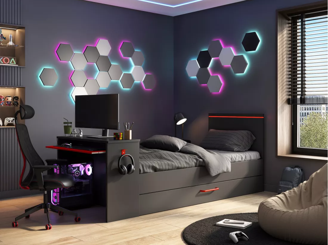 Lit gigogne gamer2 x 90 x 200 cm - Avec bureau - LEDs - Anthracite et rouge + Sommier - VOUANI