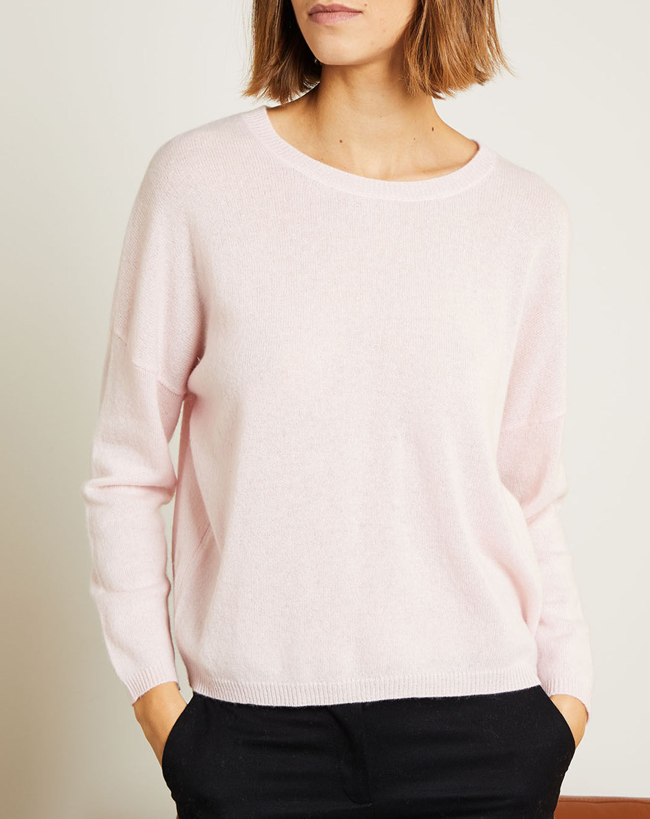 Miss Cashmere Pull en Laine & Cachemire Clémence Col rond rose poudré