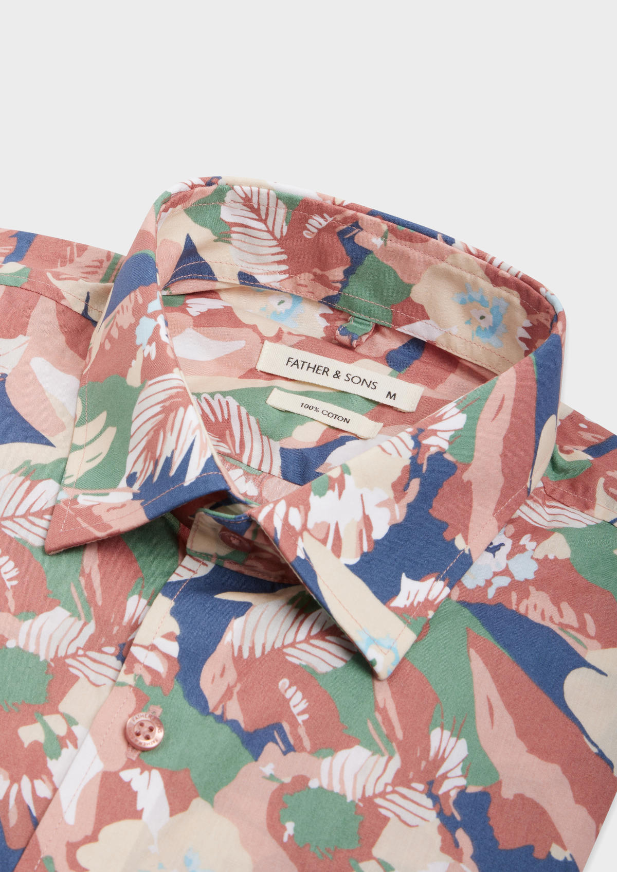 Chemise sport Slim en popeline de coton bleu marine à motif fleuri rose, vert et beige