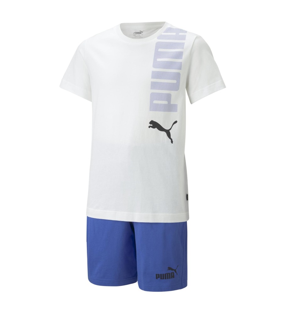 Conjunto de camisa e shorts Puma Logolab, branco e azul.