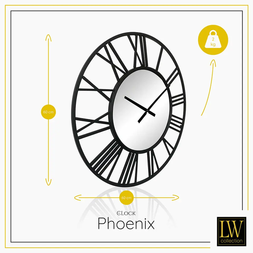 LW Collection Wandklok Phoenix zwart 60cm