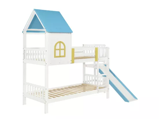 Lits superposés cabane 2 x 90 x 190 cm - avec toit et fenêtre, grille, escalier, toboggan - Pin et MDF - Blanc + Bleu