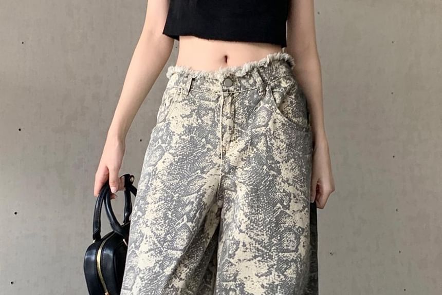 Chisan - Slangenprint Hoge Taille Wijde Pijpen Jeans