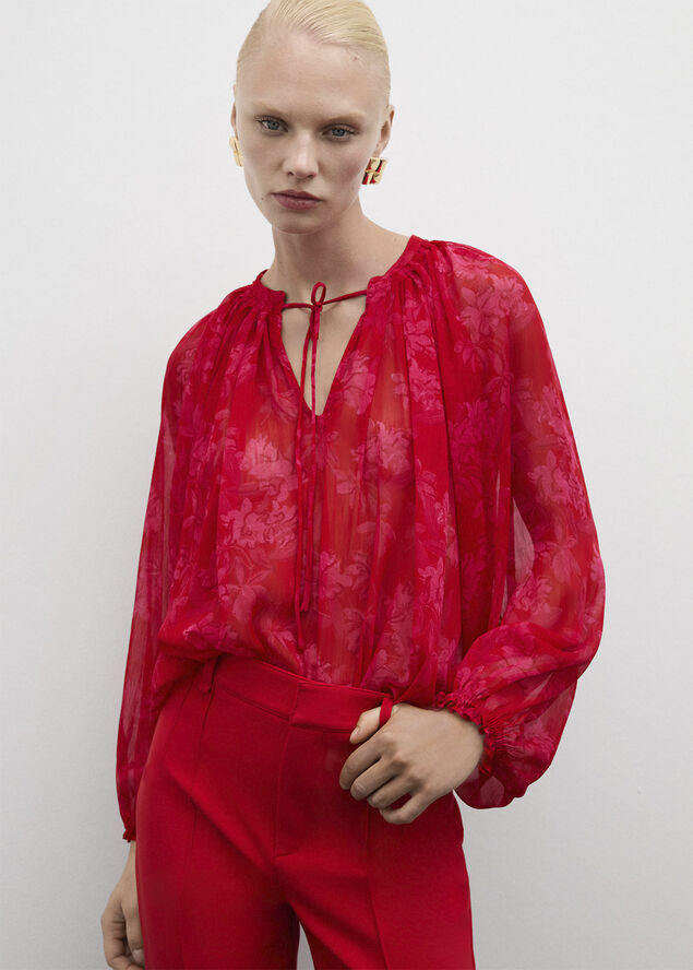 MANGO Semitransparent floral print blouse Red