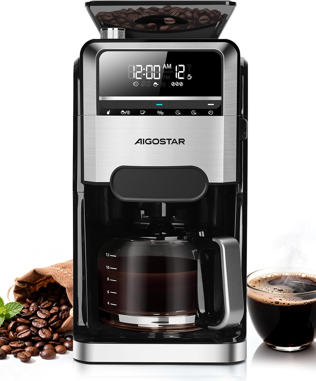 Aigostar Kaffeemaschine mit Mahlwerk, 1400W Filterkaffeemaschine, 7 Mahlgrade, 3 Aroma-Stufen, 1,5 Liter Coffee Machine (2-12 Tassen), 24H Timer, Warmhaltefunktion, Schwarz- für frischen Kaffeegenuss