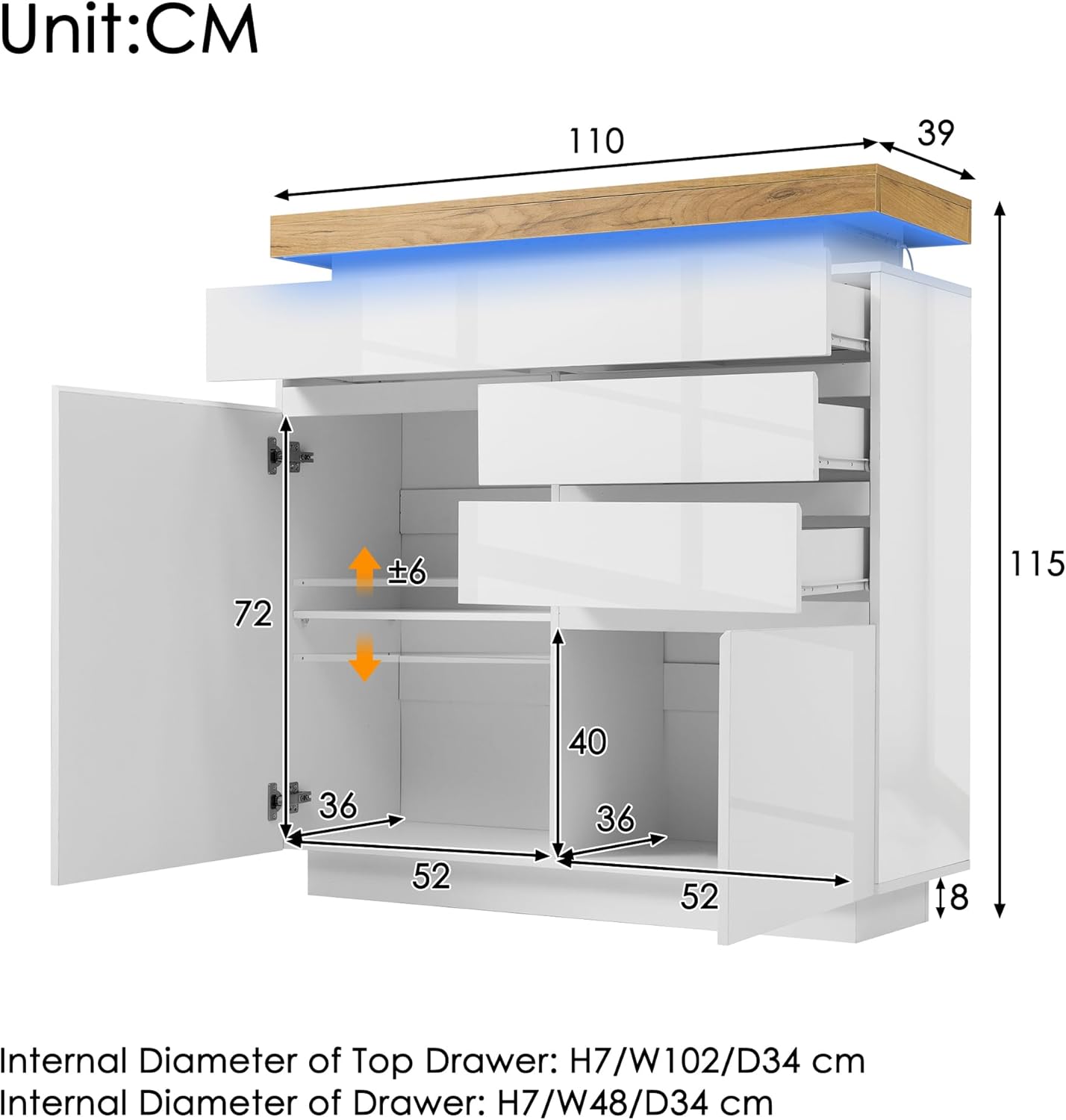 Lexiou Kommode, Hochglanz Sideboard mit 2 Türen und 3 Schubladen, LED-Beleuchtung (App-Steuerung), Mehrzweckschrank für Wohnzimmer und Schlafzimmer, 115 x 110 x 39 cm, Weiß